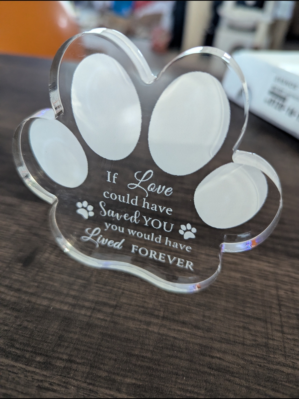Clear Acrylic Paw-Shaped Memorial Plaque - White Lettering